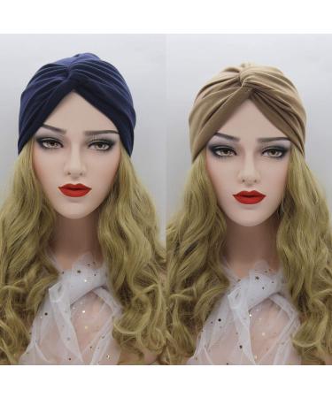 Beifon Women's Beanie Hat Turban - 2 Pack Elastic Printed Sleeping Caps for Hair Loss - Marine & Khaki - Buy Online on GoSupps.com