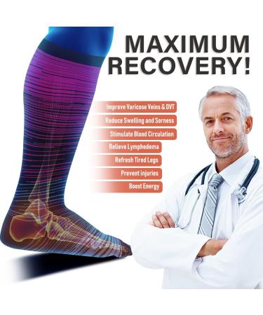 Diu Life 3 Pairs Plus Size Compression Socks - Wide Calf 20-30mmHg Support - XX-Large Blue/Red/Gray - Buy Online on GoSupps.com
