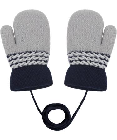 Lovely Infant Toddlers Winter Mittens | Dual Layers Plush Padded Knitted Gloves for Girls & Boys 0-3 Years | Anti-Lost String | Cute Cartoon Design | Grey - Buy Online on GoSupps.com