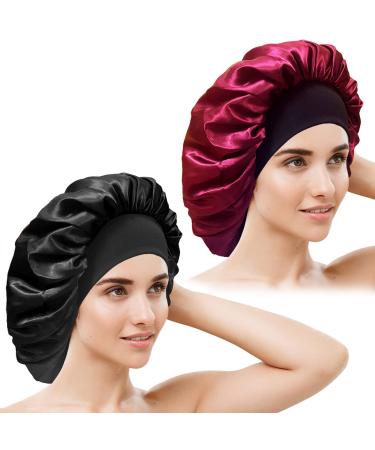 2 PCS Jumbo Silk Bonnets  large Hair Satin Bonnets for Black Women  Big Satin Bonnet for Curly Long Hair Sleeping  Sleeping Caps for Women to Protect Hair(Wine Red Black)