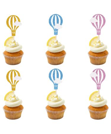 Honbay 24PCS Glitter Cupcake Toppers Creative Hot Air Balloon with Clouds Cake Toppers Fruit Dessert Picks Cake Decorations for Birthday Wedding Baby Shower Party (3 Color)