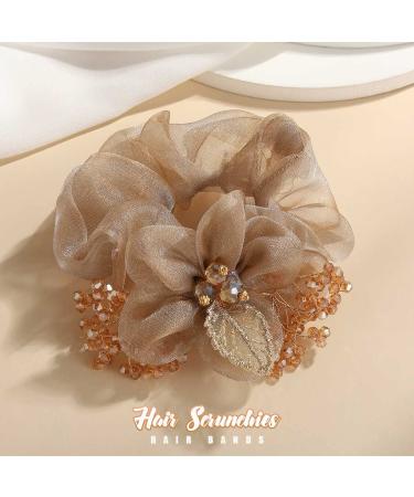 Brinie Champagne Flower Hair Scrunchies - Handmade Bead & Rhinestone Hair Ties for Women & Girls - Buy Online on GoSupps.com