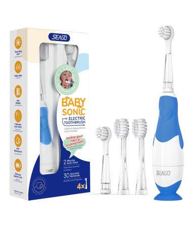 SEAGO Toddler Electric Toothbrushes for Baby Ages 0-3 Years Baby Toothbrush with Smart Timer and Suction Base 4 Replacement Brushheads (Navy-C)