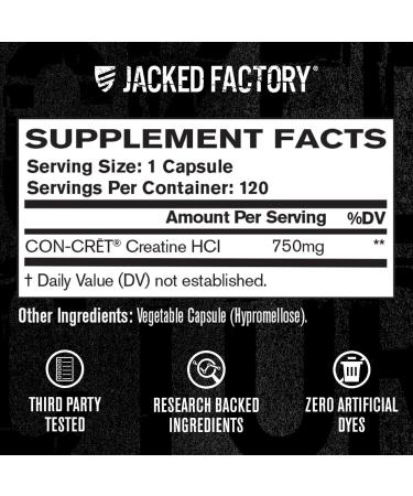 Jacked Factory Creatine HCl Capsules - CON CRET Creatine Pills 750mg - Lean Muscle Growth & Recovery Boost Strength & Endurance No Bloating or Cramps - 120 Capsules - Buy Online on GoSupps.com
