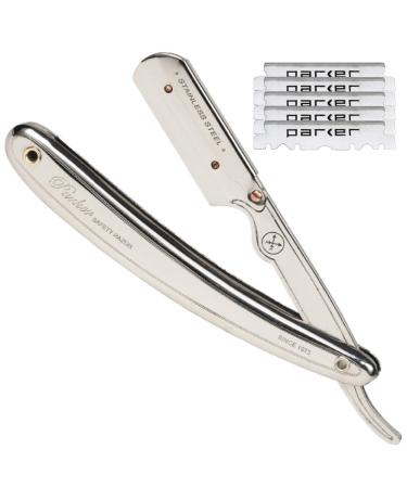 Parker Mens SR1 Stainless Steel Straight Edge Razor With 5 Parker Platinum Blades - Buy Online on GoSupps.com