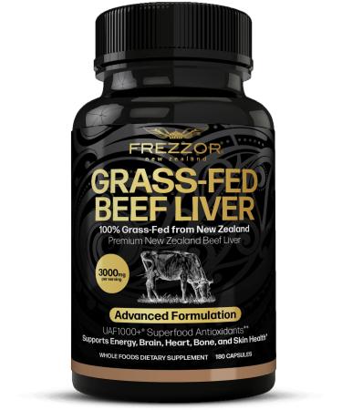 FREZZOR New Zealand 100% Live-Grass-Fed Beef Liver 180 Capsules Supports Energy Production Detoxification Digestion Immunity and Full Body Wellness Non-GMO 3000mg
