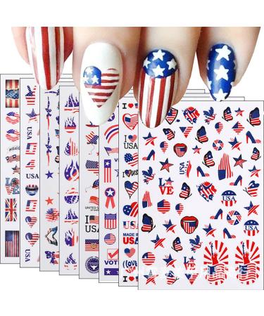 4th of July Nail Stickers America Patriotic Flag Designer Nail Art Stickers Decals 3D Self Adhesive Nail Art Supplies Butterfly America Flag Star Nail Stickers for Acrylic Nail Decorations (8 Sheets) Flag-a