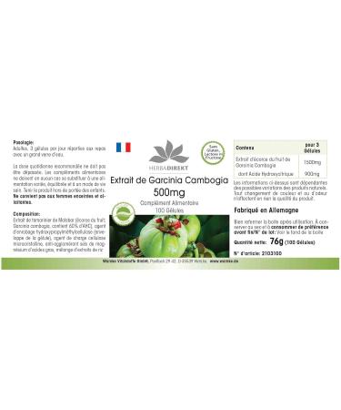 Garcinia Cambogia Extract 500mg - 100 Vegan Capsules | 60% HCA | High Dose | Herbadirekt by Warnke Vital - German Pharmacy Quality - Buy Online on GoSupps.com