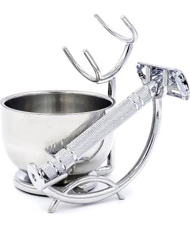 Grooming Shaving Kit for Men Strong Razor and Brush Stand with Stainless Steel Shaving Soap Bowl Dad Gifts Boyfriend Gifts Husband Gifts for Him Silver - Buy Online on GoSupps.com