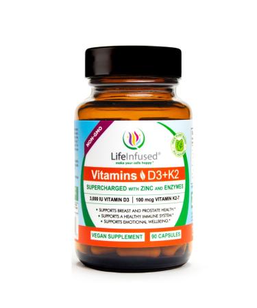 Life Infused Vitamin D3 + K2 Supercharged with Zinc and Enzymes Help Maintain Healthy Immune System Bone Health Emotional Wellbeing 90 Capsules.