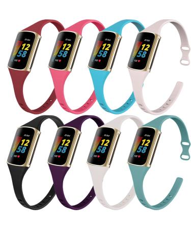 Surundo 8 Pack Slim Band Compatible with Fitbit Charge 5 Bands Women Men, Slim Thin Narrow Soft Silicone Replacement Wristbands Strap Sport Band for Fitbit Charge 5 Advanced Fitness/Health Tracker 8-color-1