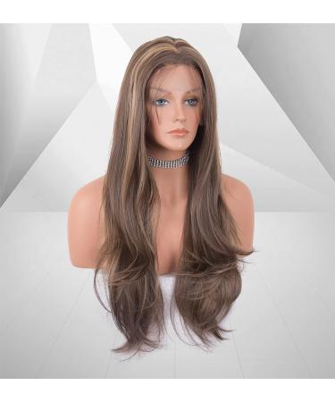 Vebonny 22-Inch Dark Brown & Blonde Highlights Lace Front Wig - Synthetic Straight Wig #097 - Buy Online on GoSupps.com
