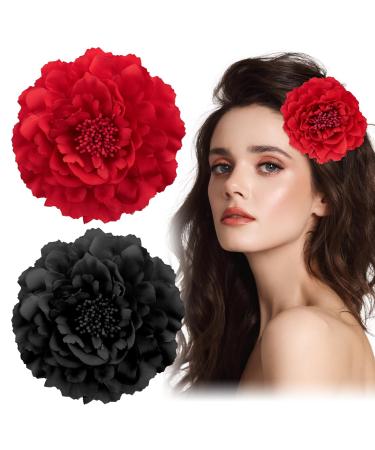 Bofunx 2 pieces flowers hair clip red black flower brooch hair jewelry hairpins hair clip for party wedding halloween carnival masquerade make-up styles-l
