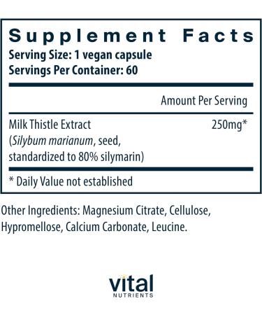 Vital Nutrients Milk Thistle Extract - 60 Vegetarian Capsules - 250mg - Liver Detox & Function Support - Buy Online on GoSupps.com