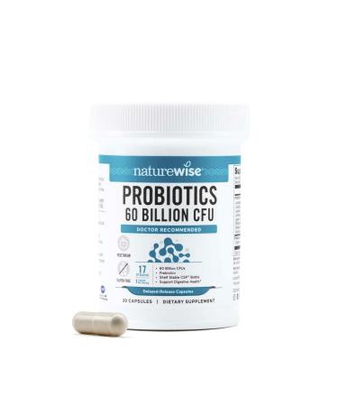 NatureWise Probiotics 60 Billion CFU - 17 Strains + Organic Prebiotics - Immune Digestive & Gut Health Support for Women & Men - Vegetarian Gluten-Free Non-GMO - 30 Capsules 1-Month Supply 60 BILLION CFU 30 Count (Pack
