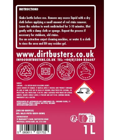 Dirtbusters Pro Red Wine Stain Remover - Professional Carpet and Upholstery Cleaner for Clothing & Fabrics Powerful Solution To Remove Stubborn Wine Stains - 1L - Buy Online on GoSupps.com