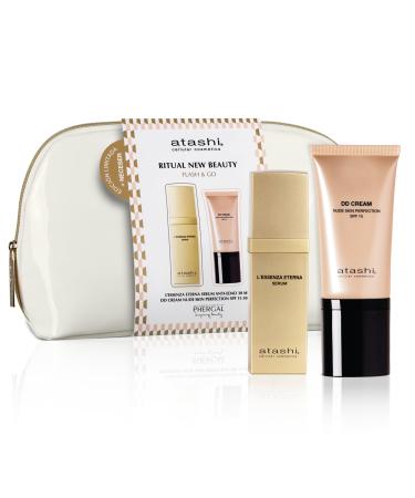 Atashi | New Beauty Ritual | L Essenza Eterna Anti-Aging Serum + DD Cream Medium Tint + Free White Patent Leather Pouch | Rejuvenates Protects and Perfects Your Skin | 30 ml + 50 ml