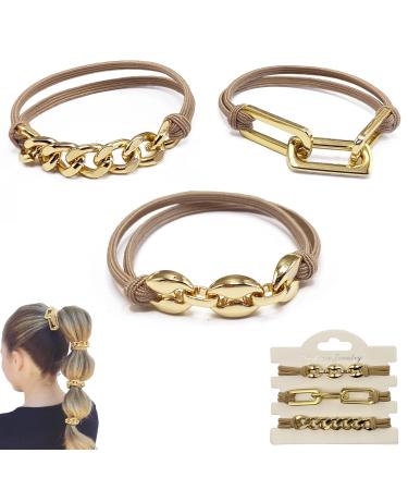 Hair Ties Accessories for Women Girls  Cute Bracelet Hair Bands Ponytail Holders Hair Scrunchies with Metal Jewelry for Women's Hair  Gold Elastic Pony tail hair ties no damage for Trendy Stuff Gifts (Khaki)