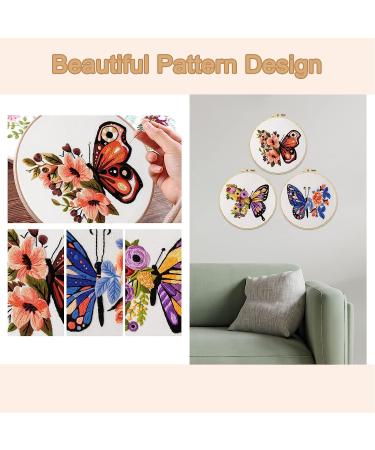 Anidaroel Butterfly Flower Embroidery Starter Kit - 3 Sets | Cross Stitch for Beginners | Includes Fabric, Hoop, Threads & Needles - Buy Online on GoSupps.com