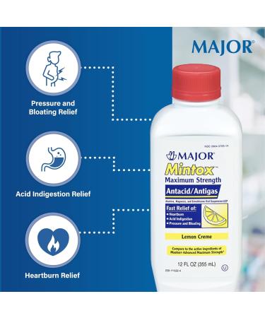 Major Mintox Maximum Strength Antacid/Antigas for Fast Relief of Heartburn Acid Indigestion Pressure Bloating - Lemon Creme - 12 Fl Oz (355 mL) (6 Pack) - Buy Online on GoSupps.com