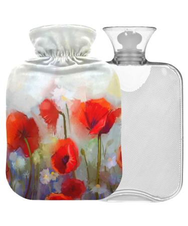 NAANLE hot water bottle with lid oil painting poppy seed flower Transparent hot water bottle 1l of warm head for menstrual cramps pain relief handfoots heat and cold therapy