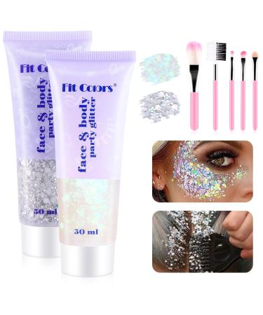Body glitter gel 2 x 50ml set pamiyo festival glitter face mermaid sequins chunky with brush long loading glitter powder for festival masquerade birthday makeup outfit women (white+silver) white+silver - Buy Online on GoSupps.com