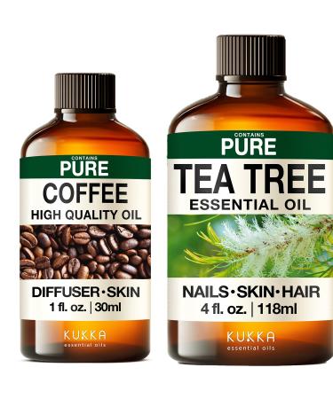 Coffee Essential Oil for Diffuse & Tea Tree Essential Oil for Diffuser Set - Aromatherapy Grade Essential Oils Set - 2X 4 Fl Oz - Kukka