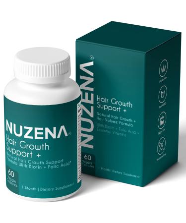 NUZENA Hair Growth Support + Pack of 60 Natural Hair Health Capsules with Biotin Folic Acid & Essential Vitamins Healthy & Vibrant Hair Solution for Women & Men Made in USA