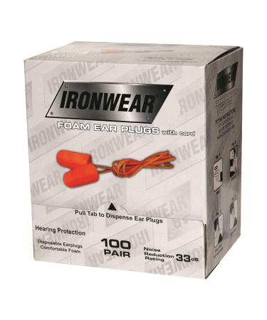 Ironwear 1705 Disposable Moldable 33-Decibel PU Foam Ear Plugs with PE Safety Cord Orange Box of 100 Pairs Orange Regular