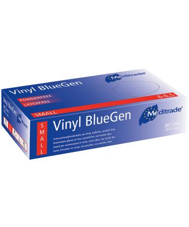 Meditrade BlueGen Blue Vinyl Examinaiton Gloves Small N/S P/F x100 Blue S Vinyl BlueGen PF