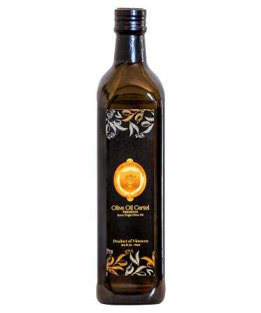 Olive Oil Cartel Premium Moroccan Extra Virgin Olive Oil - 25.4 FL Oz - 750 ml - Cold Pressed High Polyphenol Gold Award Low Acidity Unblended Single Source Family Farm EVOO Glass Bottle Cooking Gift (Black label bottle) Picholine Marocaine