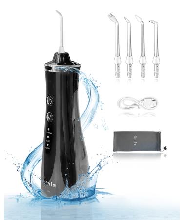 Water Dental Flosser Cordless for Teeth - Gealm 4 Modes Advanced Dental Oral Irrigator, Portable and Rechargeable IPX7 Waterproof Powerful Battery -for 30-Days Use, Home, Travel, Braces, Bridges Care Black