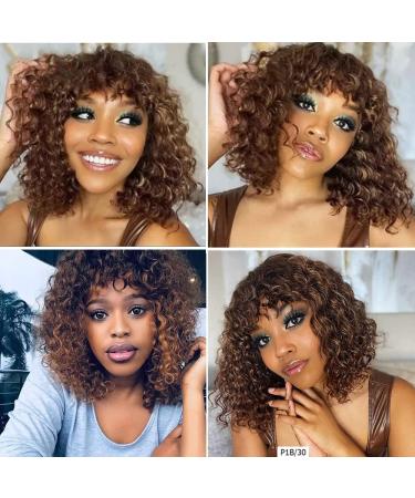 Sakula Ombre Short Curly Bob Wig with Bangs | Non Lace Front Human Hair Wig | 180% Density Piano Brown Blonde | Water Wave Wig for Black Women | 12 P4/30 - Buy Online on GoSupps.com
