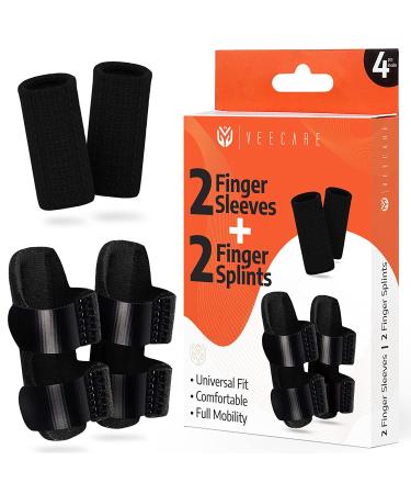 Veecare Trigger Finger Splints for Broken Fingers - Set of 2 - Brace joint Support - Finger Cast with additional 2- Nylon Finger Sleeves - Straightening Arthritis