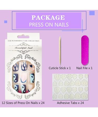 24Pcs Short Square Blue Heart Flame Glossy Press on Nails - Reusable False Nails for Women and Girls - Buy Online on GoSupps.com