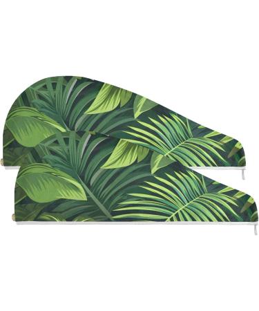 Tropical Green Palm Leaf Hair Towel 2 Pack - Super Absorbent Quick Dry Hair Turbans for Women & Girls | Stylish & Functional Hair Drying Solution - Buy Online on GoSupps.com
