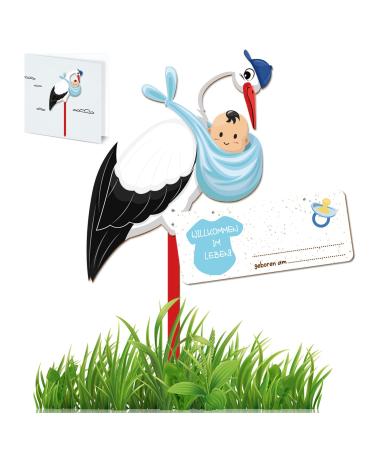 Rattersorch set for birth baby large stork made of wood with baby blue birth stork incl. Wooden bar+ name tag+ greeting card welcome baby birth gift for outside & inside