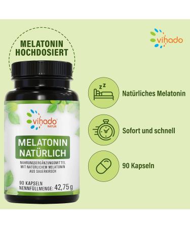Vihado Nature Melatonin High Dose - Natural Sleep Aid with Sauerkirsch Ashwagandha Passion Flower & Lavender - 90 Capsules for Restful Sleep - Buy Online on GoSupps.com