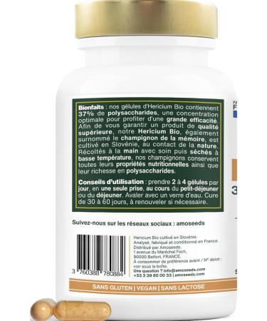 Organic Hericium Erinaceus | Memory Mushroom | Highly Dosed 37% Polysaccharides | 120 Vegan Capsules | Lion's Mane Vegan No Additives | Superior Quality | Made in France - Buy Online on GoSupps.com