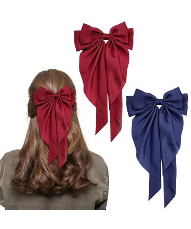 Bow Hair Clip 2Pcs Hair Bows for Women Big Bowknot Hairpin French Hair Clips with Long Ribbon Solid Color Hair Barrette Clips Soft Satin Silky Hair Bows for Women Girls(Red+navy blue)