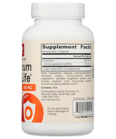 Jarrow Formulas Colostrum Prime Life 400 mg - 120 Veggie Capsules - Includes 30% Immunoglobulin - For Immune Support & Gastrointestinal Health - Up to 120 Servings - Buy Online on GoSupps.com