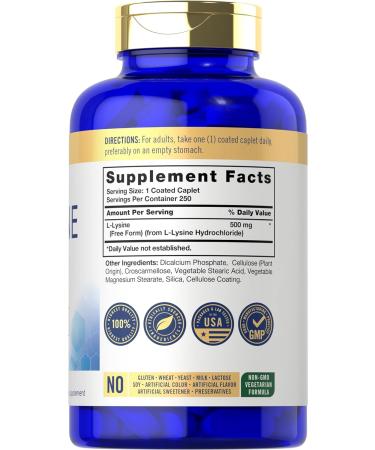 Carlyle L-Lysine 500 mg - 250 Vegetarian Caplet Capsules | Non-GMO Amino Acid Supplement Gluten Free - International Shipping Available - Buy Online on GoSupps.com