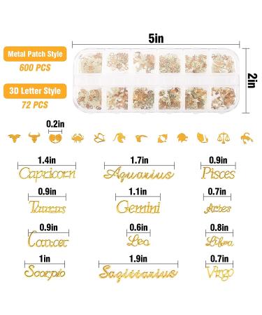 672Pcs Zodiac Nail Charms - Gold & Silver Constellation Charms for DIY Nail Art | Includes 72 Letters & 600 Patterns for Acrylic Nails Decoration - Buy Online on GoSupps.com