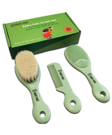 BRADYS HOUSE - 3 Piece Baby Hair Brush & Comb Set for Newborns- Soft Goat Bristle Hair-Brush  Silicone Bath Brush and Plastic Comb for Infant  Toddler  Kids - Baby