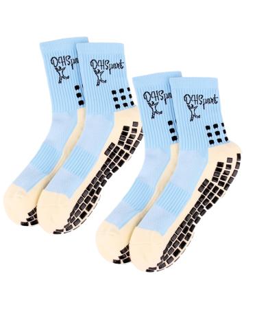 DHSPORT 2 Pairs Anti Slip Socks Yoga Non-slip Grip Pilates Socks Hospital Sport Socks Cushioned Sole Grip Socks for Men Women Light Blue