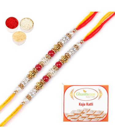 Ghasitaram Gifts Rakhi for Brother Rakhis Online -Set of 2-6981 Fancy Thread Rakhi with 200 GMS of Kaju katli