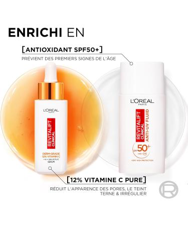 L Or al Paris - Anti-Aging Vitamin C Facial Routine Set - 12% Pure Vitamin C Serum & Anti-UV Sun Fluid SPF 50+ - Anti-Wrinkle - Revitalift Clinical - Buy Online on GoSupps.com