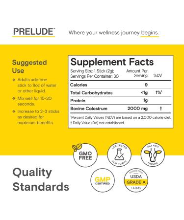 Prelude Bovine Colostrum Supplement - Grassfed Colostrum Powder Sticks for Gut Health, Immunity & Overall Wellness - Colostrum Aids Hair, Skin & Digestive Health for Women & Men - Made in USA Powder Sticks - Unflavored - Buy Online on GoSupps.com
