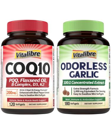 Vitalibre CoQ10 200mg Ubiquinone with PQQ Folate Niacin K2 D3 Black Pepper Powerful Antioxidant Energy Booster and Odorless Garlic 180 Softgels Extra Strength 100:1 Extract Heart & Immunity