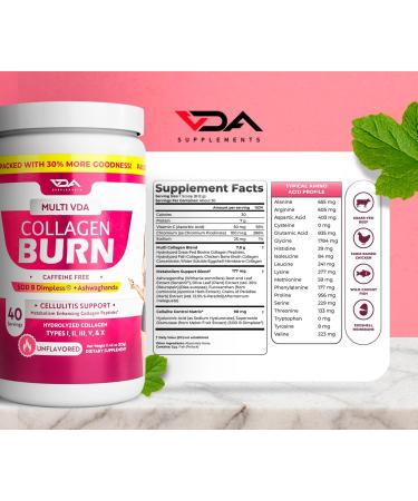 Multi VDA Collagen Burn - Flavorless Hydrocollagen with Peptides Type I II III V X - Blend with SOD B Dimpless and Sensoril - Wellness Routine Powder Supplement - 40 Servings Unflavored 11.46 Ounce (Pack of 1) - Buy Online on GoSupps.com